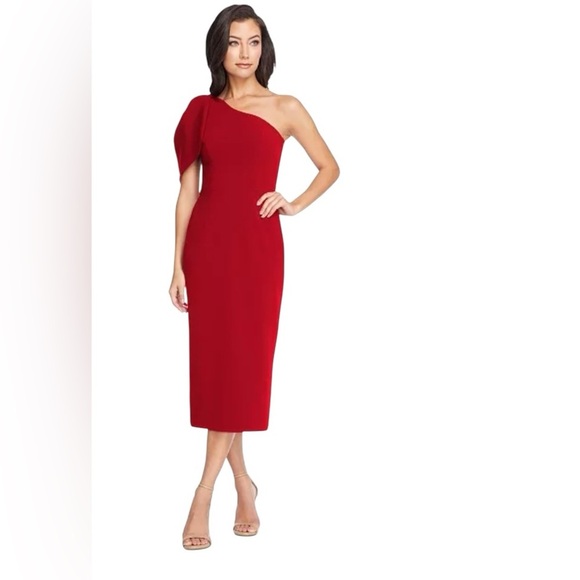 DRESS the POPULATION Tiffany One Shoulder Bow Cocktail Midi Size M Red Bodycon - Picture 1 of 12